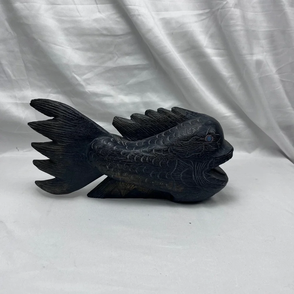 Unbranded Vintage Folk Art Nautical Decor Dark Wood Hand Carved Fish Figurine